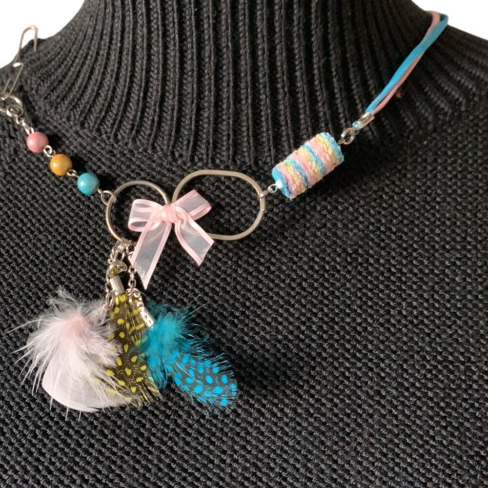 HandCrafted - Short Colorful Beaded Necklace with Bow and Feathers
